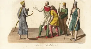 Prints of Male costumes of the ancient Armenians of Babylon. Soldiers with bow and arrow, spear and whip. Armeni Babilonesi Armenia Prints: Male Costumes of Ancient Armenians Print, 1847