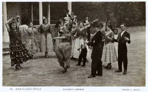 Prints of People dancing flamenco in the street in traditional costume, Seville, Spain. circa 1930s Dance Prints: Flamenco Dancers in Seville Street Print, circa 1930s