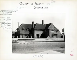 Prints of Photograph of Queen Of Hearts PH, Queensbury, Greater London. The main side of the print (shown here) depicts: Left Face on view of the pub Greater London Prints: Queen Of Hearts PH Print, Queensbury, London (1941-1961)