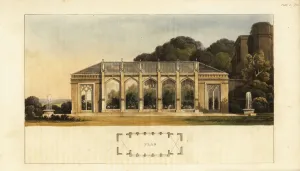 Prints of Plan and elevation of a Gothic conservatory. Large greenhouse with glass roof and high windows. Handcoloured copperplate engraving from Rudolph Ackermanns Repository of Arts, London, 1816 Rudolph Ackermann Prints: Plan and Elevation of a Gothic Conservatory Print, 1816