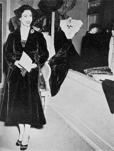 Prints of Princess Margaret making a special visit to the salon of dress designer Christian Dior during a visit to Paris in 1951. Date: 1951 Fashion Prints: Princess Margaret at Christian Dior Salon Print, Paris 1951