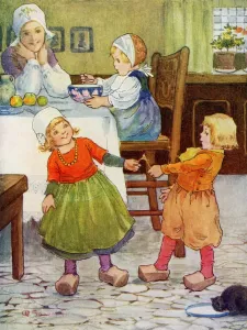 Dutch Children Pulling a Wishbone Print circa 1915