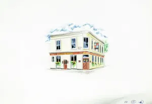 Prints of Sketch of Queens Arms, Kensington, London. The main side of the print (shown here) depicts: Sketch of the pub Royalty Prints: Queens Arms, Kensington London Print
