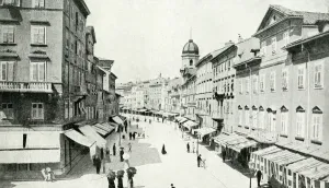 Prints of View of the main street in the city of Fiume, a seaport in the Free State of Fiume (now Rijeka, Croatia). Date: 1922 Croatia Prints: View of Fiume's Main Street, Croatia Print 1922