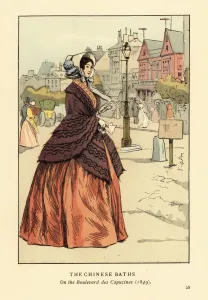 Prints of Woman in front of the Chinese Baths on the Boulevard des Capucines, 1849. Woman in full crinoline, shawl and bonnet Fashion Prints: Woman in front of the Chinese Baths, Paris Print, 1849