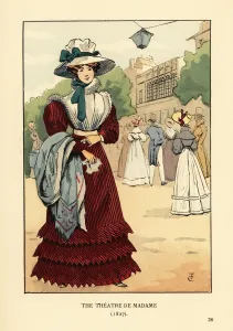 Prints of Woman outside the Theatre du Gymnase, Paris, 1827. Fashionable woman in large bonnet, lace collar and bib, puff-sleeve dress holding a shawl. (Previously Theatre de Madame) Fashion Prints: Woman outside the Theatre du Gymnase, Paris, 1827 Print