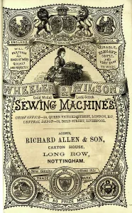Prints of Advert cover, Wheeler and Wilson's gold medal lock stitch Sewing Machines, Queen Victoria Street, London, and Bold Street, Liverpool Royalty Prints: 1875 Wheeler & Wilson Sewing Machine Print