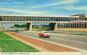 Prints of Charnock Richard Services (Fortes) - a motorway service station, between Junctions 27 and 28 of the M6 in England, which opened in 1963. Pictures here shortly after opening. Date: circa 1963 Brutalist Architecture Prints: Charnock Richard Services M6 Motorway Print circa 1963