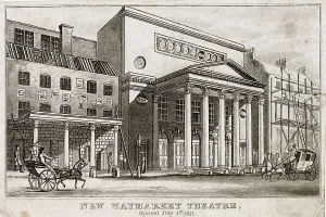 London's Historic Theatres Prints: Exterior of the new Haymarket Theatre, London. Date: July 1821