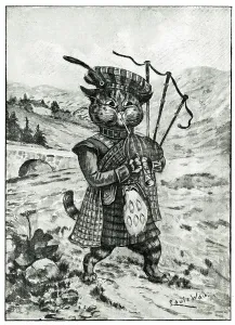Highland Scottish Cat Playing the Bagpipes Print, 1903