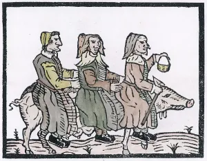 Prints of Three of the witches of Northamptonshire, riding a pig. They were condemned to death in July 1612. Date: 1612 Northamptonshire Prints: Northamptonshire Witches Riding a Pig Print, 1612