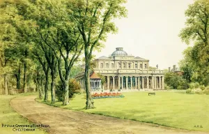Prints of Pitville Gardens and Pump Room, Cheltenham, Gloucestershire - Painted by landscape artist Alfred Robert Quinton for the Sevenoaks based publishing and printing company J D Prints: Pitville Gardens and Pump Room Print, Cheltenham, 1930s