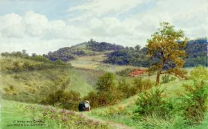 Prints of St Martha's Chapel, Guildford, Surrey, viewed from Pewley Hill - Painted by landscape artist Alfred Robert Quinton for the Sevenoaks based publishing and printing company J Alfred Prints: St Martha's Chapel Print from Pewley Hill, Guildford, Surrey