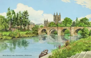 Prints of Wye Bridge and Cathedral, Hereford, Herefordshire - Painted by artist Frank E Quinton for the Sevenoaks based publishing and printing company J Herefordshire Prints: Wye Bridge and Cathedral Print, Herefordshire 1950s