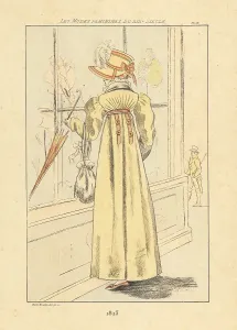 A fashionable woman stands outside a Parisian hat shop, window-shopping for bonnets in 1813