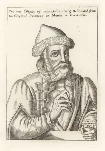 A copperplate engraving of Johannes Gutenberg in a fur-lined cap and coat