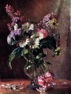Still Life Oil Painting Print of Daisies in a Glass Vase circa 1930