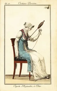 Vintage Women's Clothing Styles Prints: Woman spinning yarn with a spindle and distaff, Paris, 1803