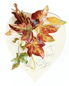 New Year card with autumn leaves and white flowers New Year card with autumn leaves and white flowers