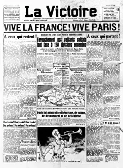 Prints of The front page of La Victoire declares the imminent occupation of Paris Date: 13 June 1940 Historical Event Prints: La Victoire Front Page Print 13 June 1940