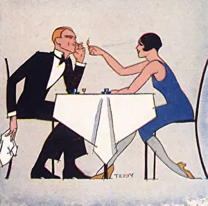 Prints of A characteristic night club interlude in 1928 as a young woman lights her male partners cigarette. Date: 1928 Embrace The Elegance: Art Deco Poster Art Collection: 1928 Print of Nightclub Interlude by Teddy Aaron