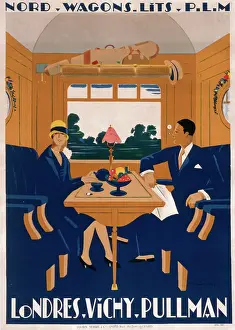 Prints of Poster from French company PLM for the Nord Wagons-Lits London to Vichy Pullman service. A couple enjoy tea in the comfortable interior of a pullman train carriage Transport Prints: Nord Wagons-Lits London to Vichy Pullman Train Print