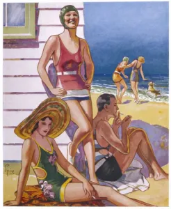 Nostalgia Prints: Young Things at Beach Print: A Vintage Scene of Leisure