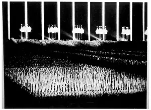 Prints of Albert Speers Cathedral of Light at the Nuremberg Rally. Speer was later the Minister for Armament in the 1940s Propaganda Poster Prints: Print of Albert Speer's Cathedral of Light at the 1937 Nuremberg Rally