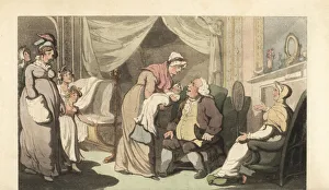 Nurse showing a baby to an old man and woman Nurse showing a baby to an old man and woman
