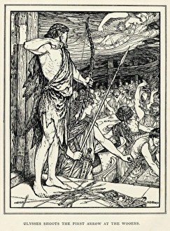 Odysseus Attacks Suitors Print, Homers Iliad Illustration