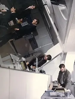 Futuristic Office Interior Prints: Office scene with large angled mirror