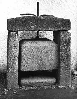 Prints of An ancient stone cheese press, outside the Folk Museum at Edzell, in Glen Esk, Angus, Scotland. Date: 1950s Angus Prints: Old Cheese Press Print, Edzell, Scotland 1950s