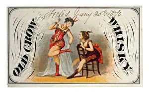Prints of Old Crow whiskey. Whiskey advertising label showing two women burlesque performers. Date c1870 Crows And Jays Prints: Old Crow Whiskey Print, c1870: Burlesque Performers