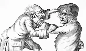 Prints of Two wrinkly old men pull faces at each other, one pinching hard on his opponents ear, the other trying to pinch his opponents hat, as depicted by Tim Bobbin (the pseudonym of John Collier) John Collier Prints: Tim Bobbin's 1773 Print: Old Men Fighting