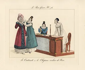 Old woman trying on a pink bonnet in a shop, circa 1815 Old woman trying on a pink bonnet in a shop, circa 1815