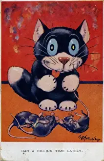 Vintage Cat Art Prints: Ooloo the cat with dead mice