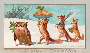 Owl and foxes carrying food on a Christmas card Owl and foxes carrying food on a Christmas card