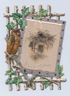 Owl, ivy and trellis on a cutout Christmas card Owl, ivy and trellis on a cutout Christmas card