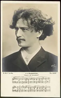 Prints of IGNACY JAN PADEREWSKI Polish pianist, composer and statesman, with part of his Chant du Voyageur below Related Image Prints: Paderewski Print - IGNACY JAN PADEREWSKI at the Piano