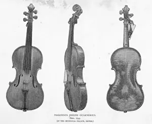 Prints of Three views of Paganinis violin by Joseph Guarnerius, 1743, in the Municipal Palace, Genoa, Italy. 1875 Liguria Prints: Three Views of Paganini's Violin Print, 1875