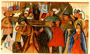 Painted sailcloth, Jesus assisted in carrying the Cross Painted sailcloth, Jesus assisted in carrying the Cross