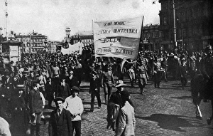 Parade with banners during Revolution, Petrograd, Russia Parade with banners during Revolution, Petrograd, Russia