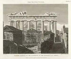Prints of The eastern portico of the Parthenon seen over neighbouring rooftops Acropolis, Athens Prints: The Eastern Portico of the Parthenon Print