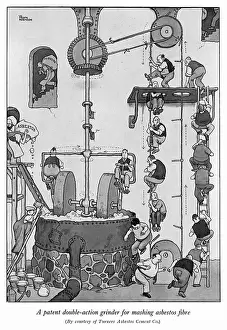 Prints of A patent double-action grinder for mashing asbestos fibre - a drawing done for Turners Asbestos Cement Co by William Heath Robinson, renowned for his machines and convoluted contraptions. Date: c.1925 Industrial Prints: Patent Double-Action Grinder Print, c.1925
