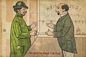 Pawnbroker and customer on a postcard Pawnbroker and customer on a postcard