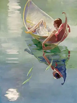 Prints of And fishes of emerald, Dive for the moon, Whose silver is stained By the peacock lagoon. (Humbert Wolfe) Related Prints: Print of a serene lagoon scene with an elegant lady and green fish