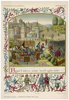Prints of PEASANTS REVOLT: Richard II sails down the Thames to Greenwich to meet the rebels Greenwich Prints: Peasants Revolt Print: Richard II on the Thames