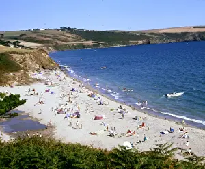 Cornish Coastal Scenery Prints: Pendower beach with holidaymakers, Cornwall