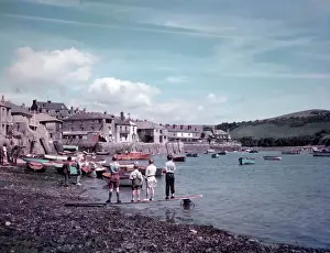 Colour Print of People on the Beach at Salcombe, Devon