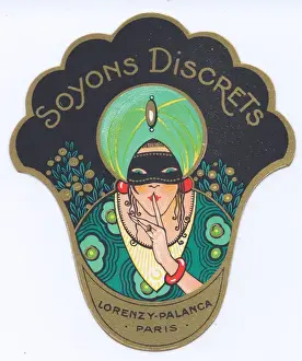 Prints of Perfume label in art deco style, Soyons Discrets, Lorenzy-Palanca, Paris. Date: circa 1930s Embrace The Elegance: Art Deco Poster Art Collection: Art Deco Perfume Print, Soyons Discrets, circa 1930s